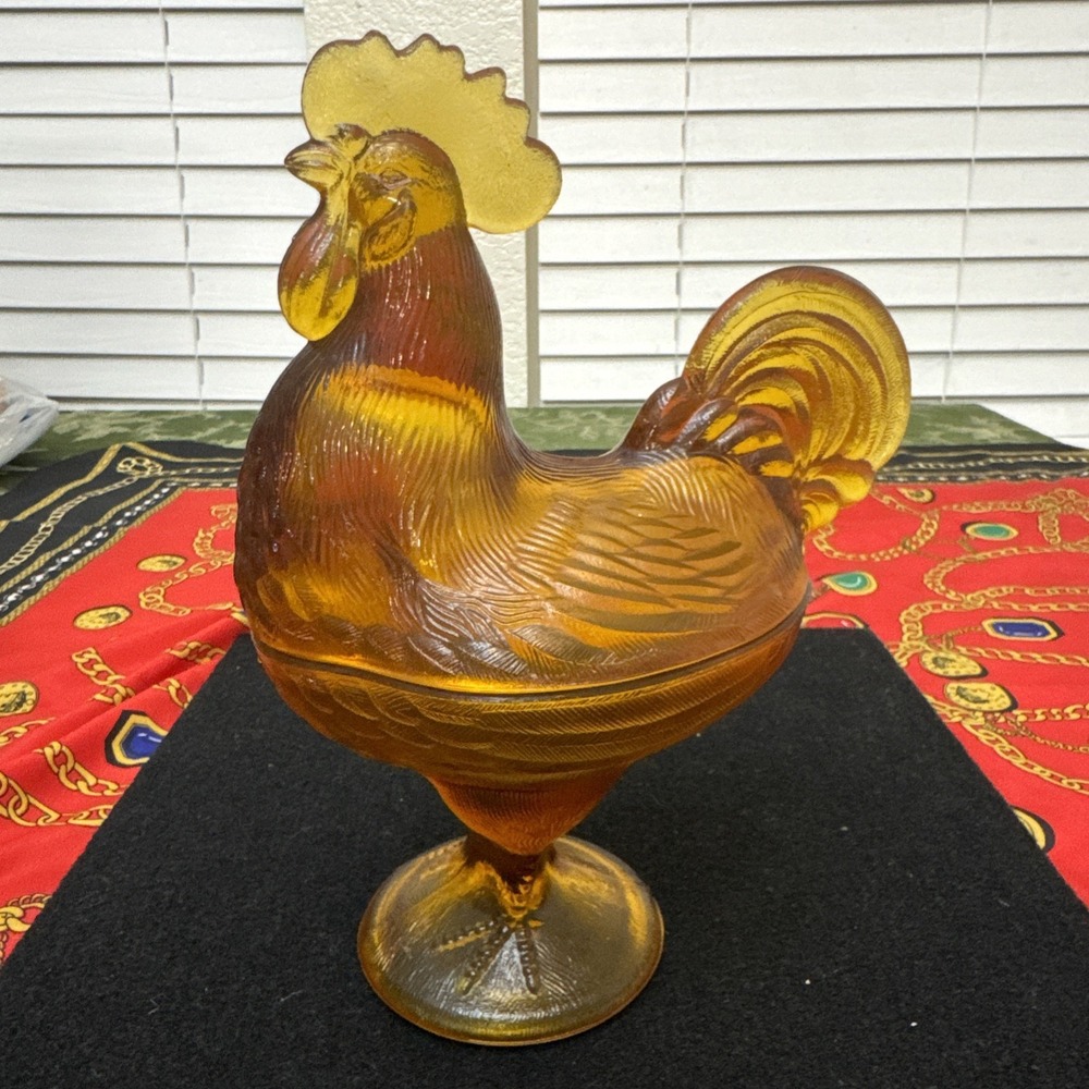 Vtg. L. E. Smith Glass Honey Amber Standing Rooster Candy Dish 9" Pedestal EUC